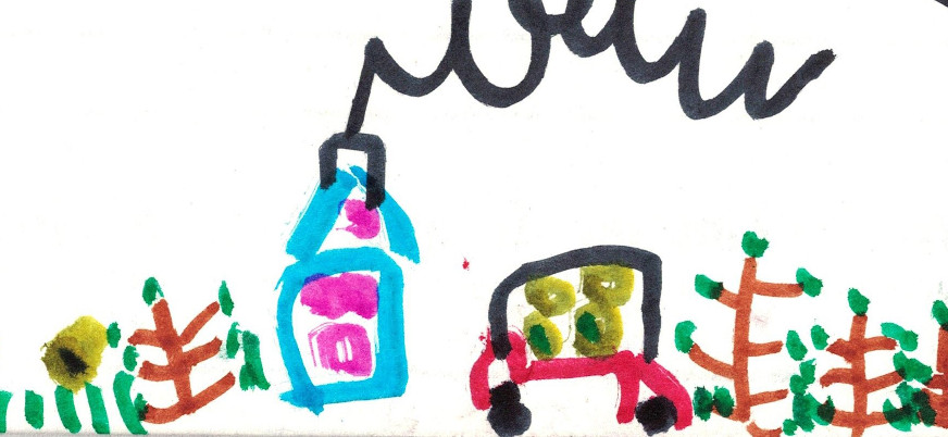 Color drawing of camper and house in the trees
